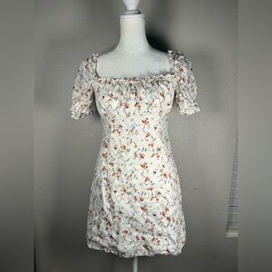 Reformation Smocked Short Sleeve Linen Mini Spring Dress Floral Size 4 White